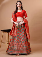 Lorenvalley Fashion Green & Red Semi-Stitched Lehenga & Unstitched Blouse With Dupatta