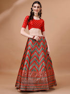 Lorenvalley Fashion Green & Red Semi-Stitched Lehenga & Unstitched Blouse With Dupatta