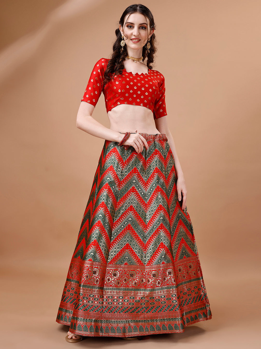 Lorenvalley Fashion Green & Red Semi-Stitched Lehenga & Unstitched Blouse With Dupatta