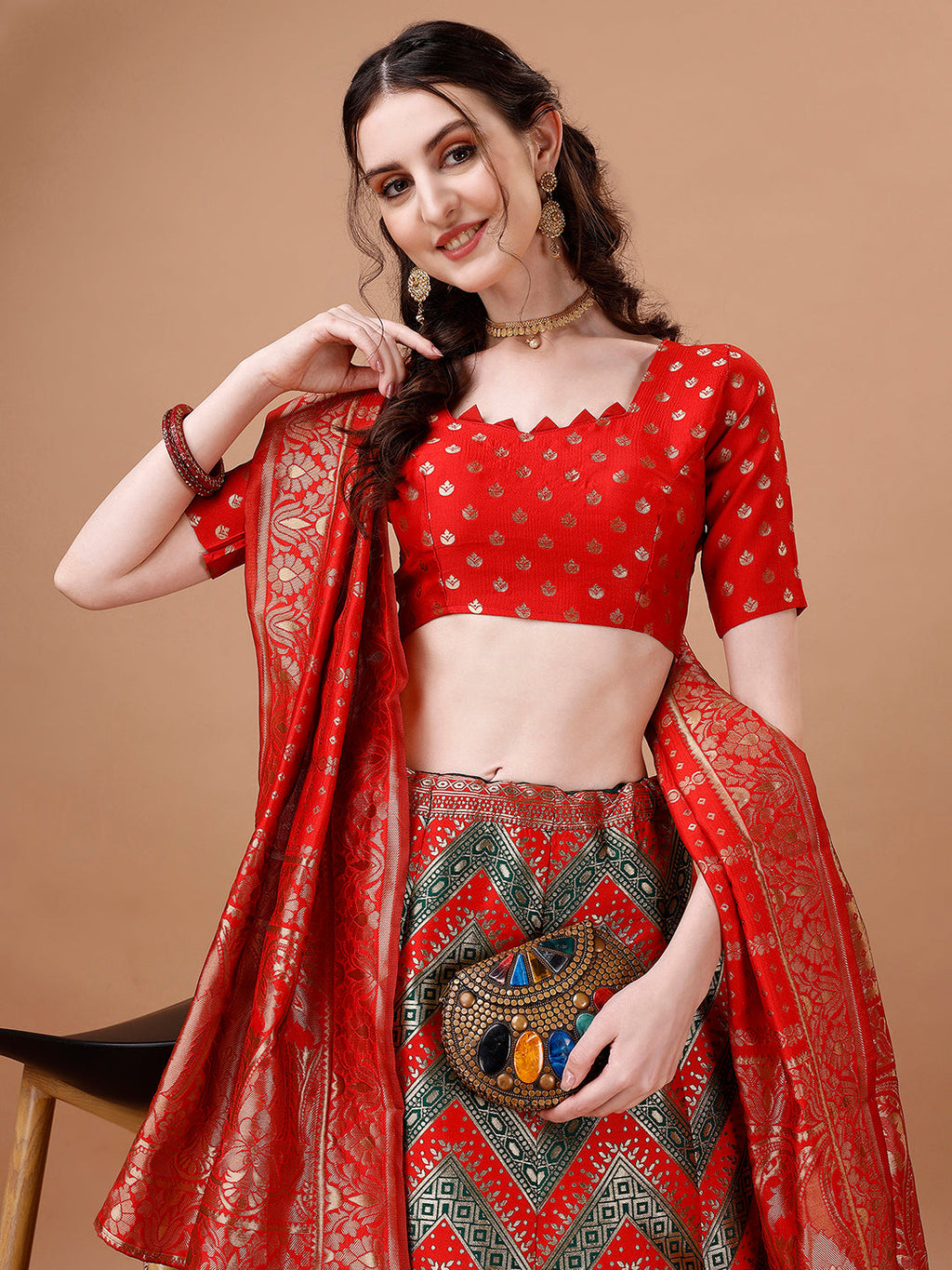 Lorenvalley Fashion Green & Red Semi-Stitched Lehenga & Unstitched Blouse With Dupatta