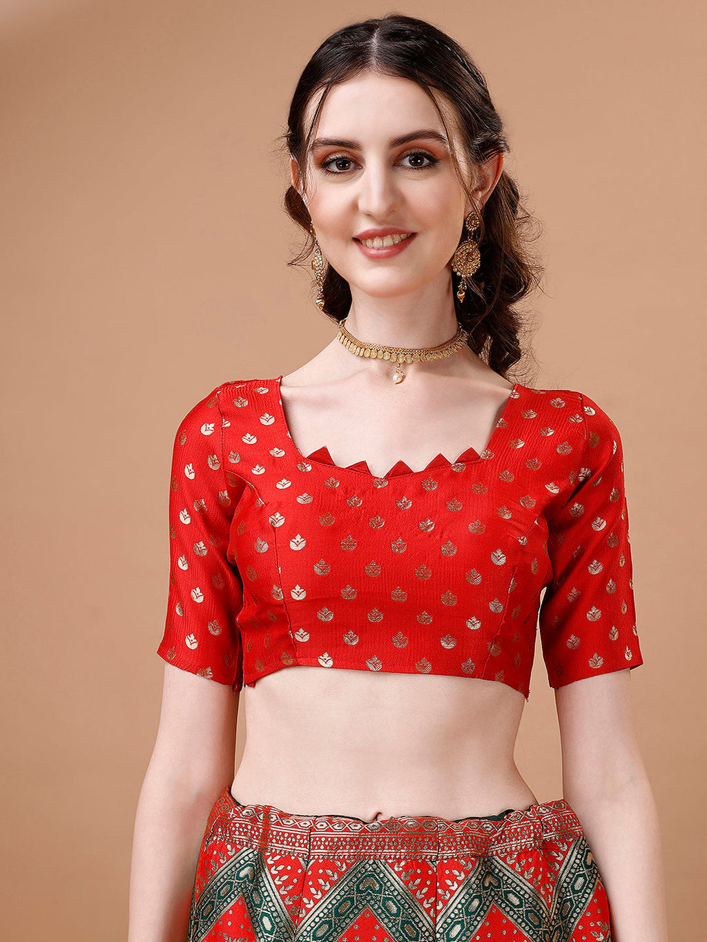 Lorenvalley Fashion Green & Red Semi-Stitched Lehenga & Unstitched Blouse With Dupatta