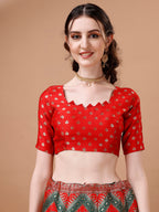 Lorenvalley Fashion Green & Red Semi-Stitched Lehenga & Unstitched Blouse With Dupatta