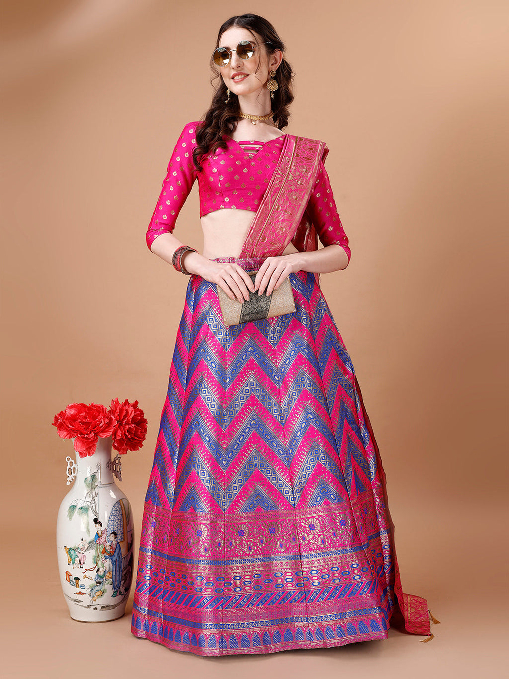 Lorenvalley Fashion Purple & Pink Semi-Stitched Lehenga & Unstitched Blouse With Dupatta