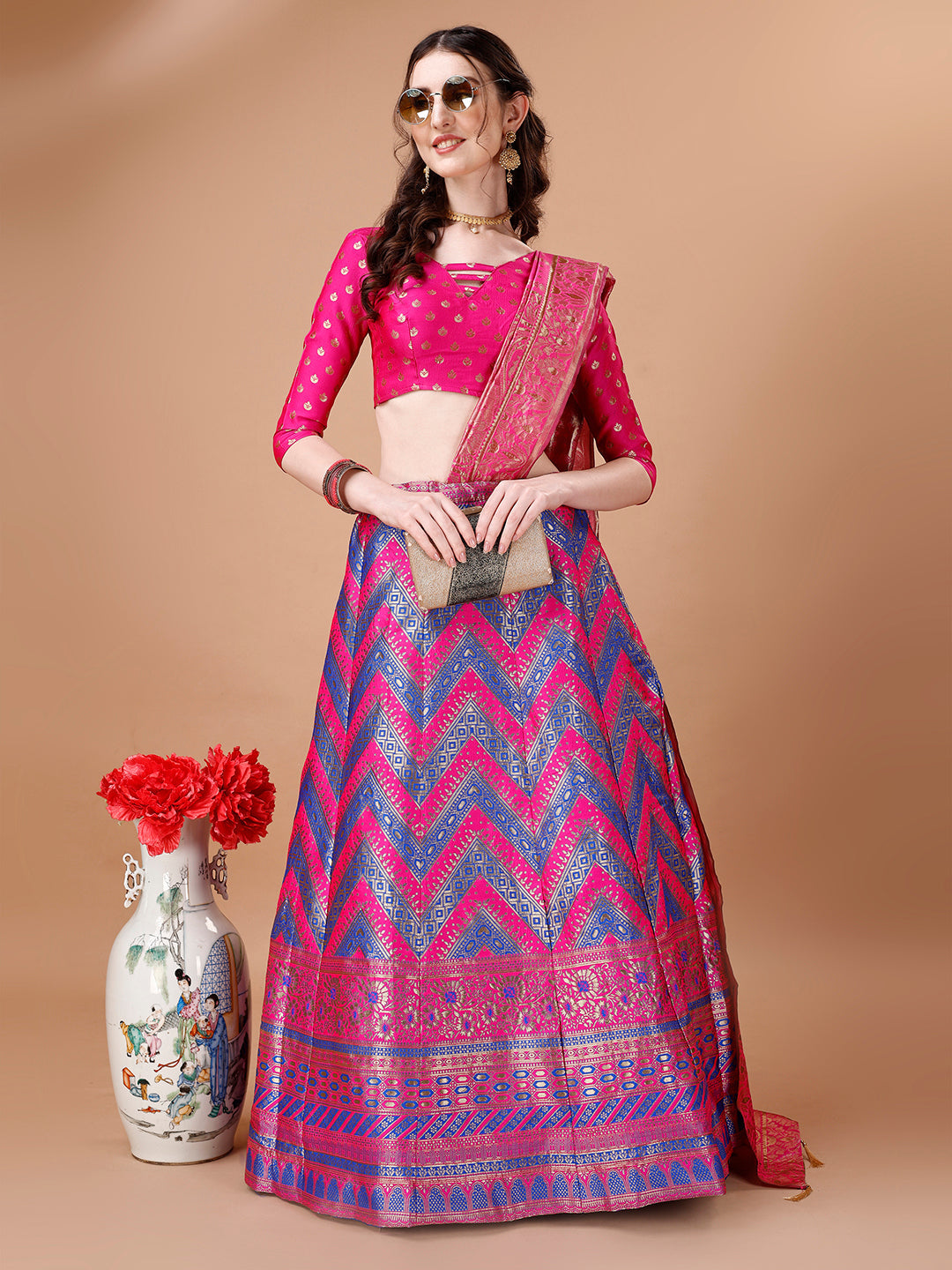 Lorenvalley Fashion Purple & Pink Semi-Stitched Lehenga & Unstitched Blouse With Dupatta