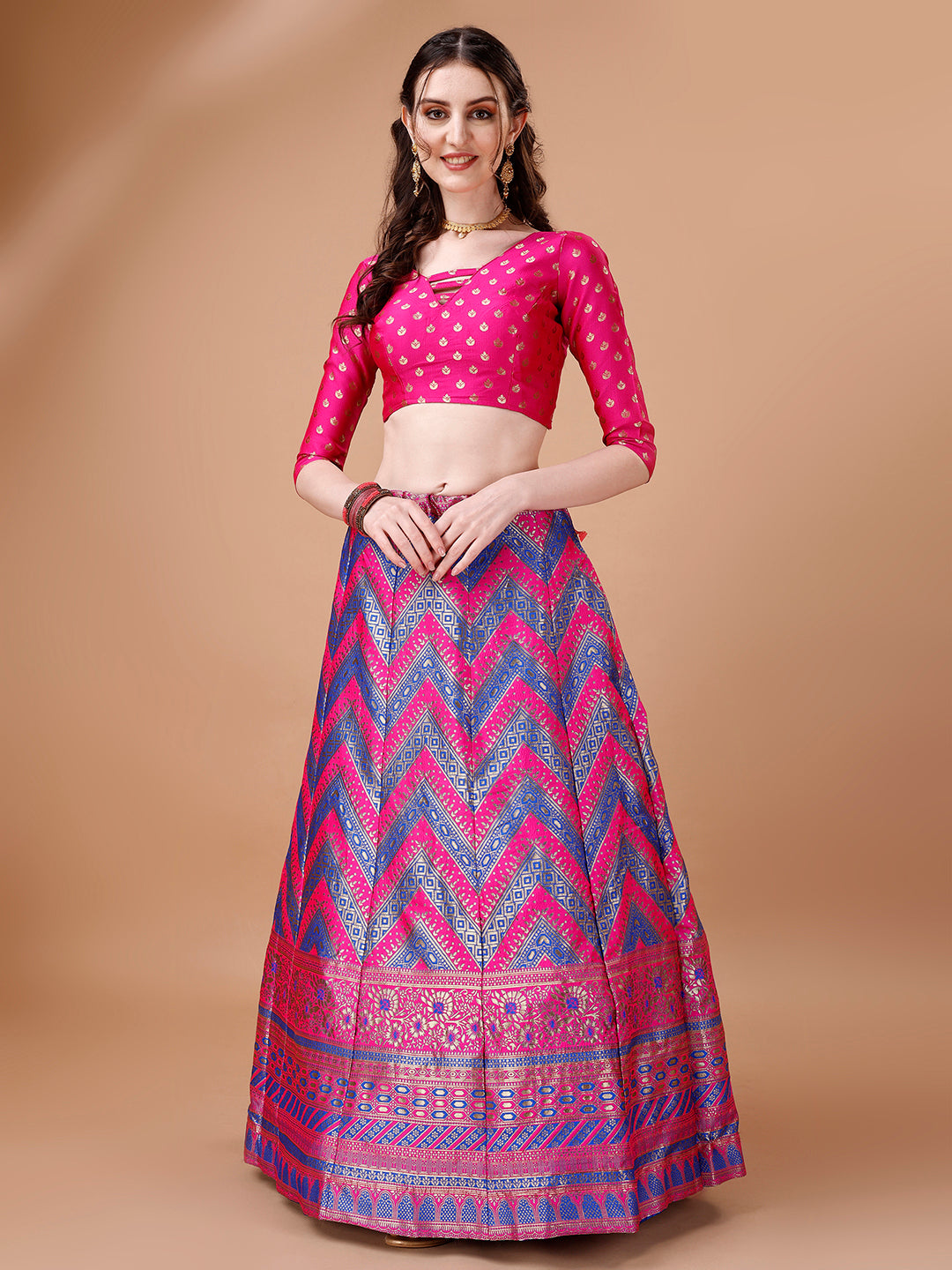 Lorenvalley Fashion Purple & Pink Semi-Stitched Lehenga & Unstitched Blouse With Dupatta