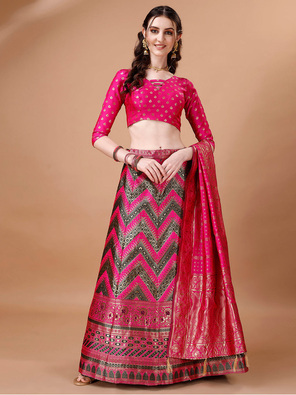 Lorenvalley Fashion Black & Pink Semi-Stitched Lehenga & Unstitched Blouse With Dupatta