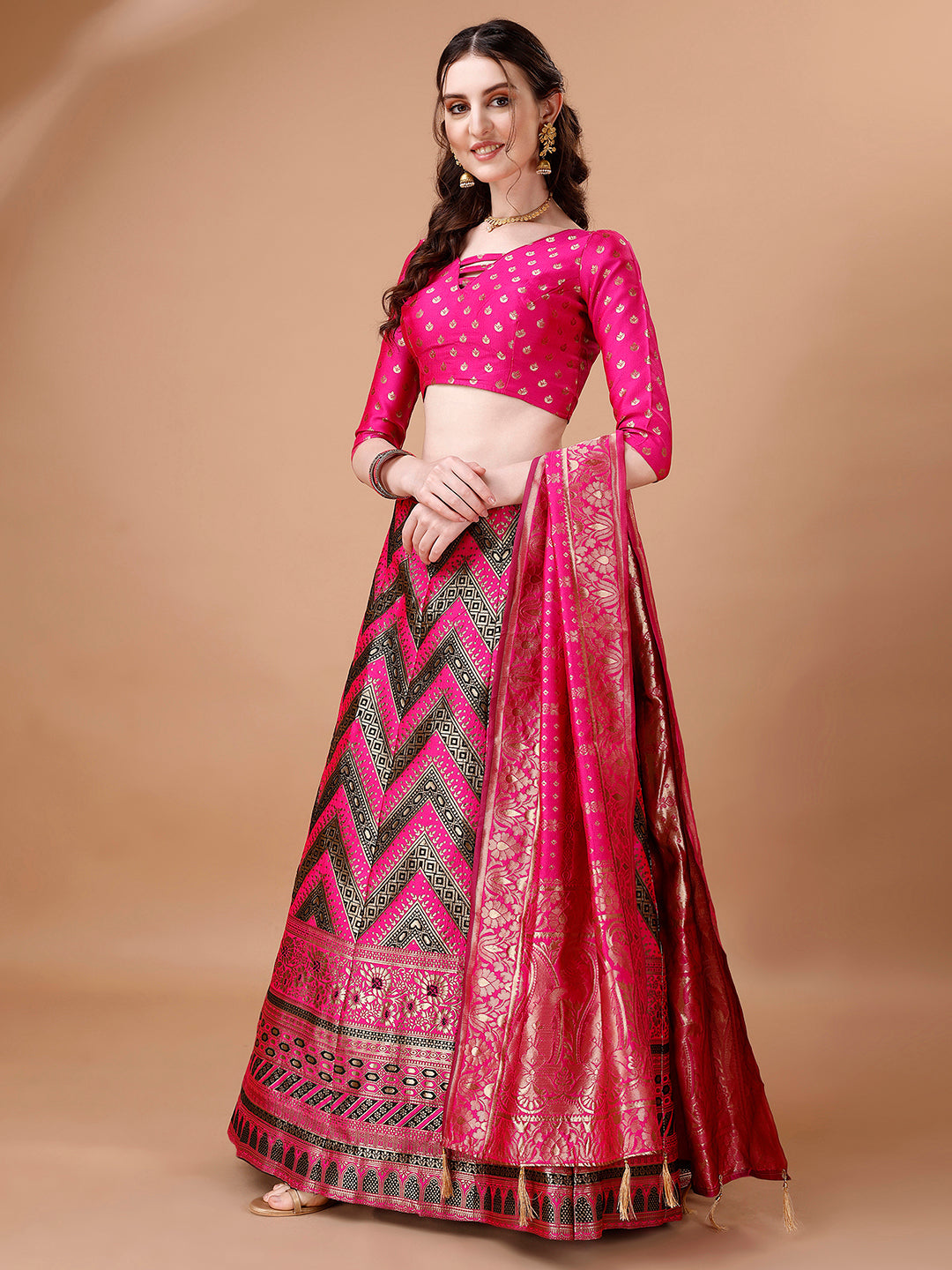 Lorenvalley Fashion Black & Pink Semi-Stitched Lehenga & Unstitched Blouse With Dupatta