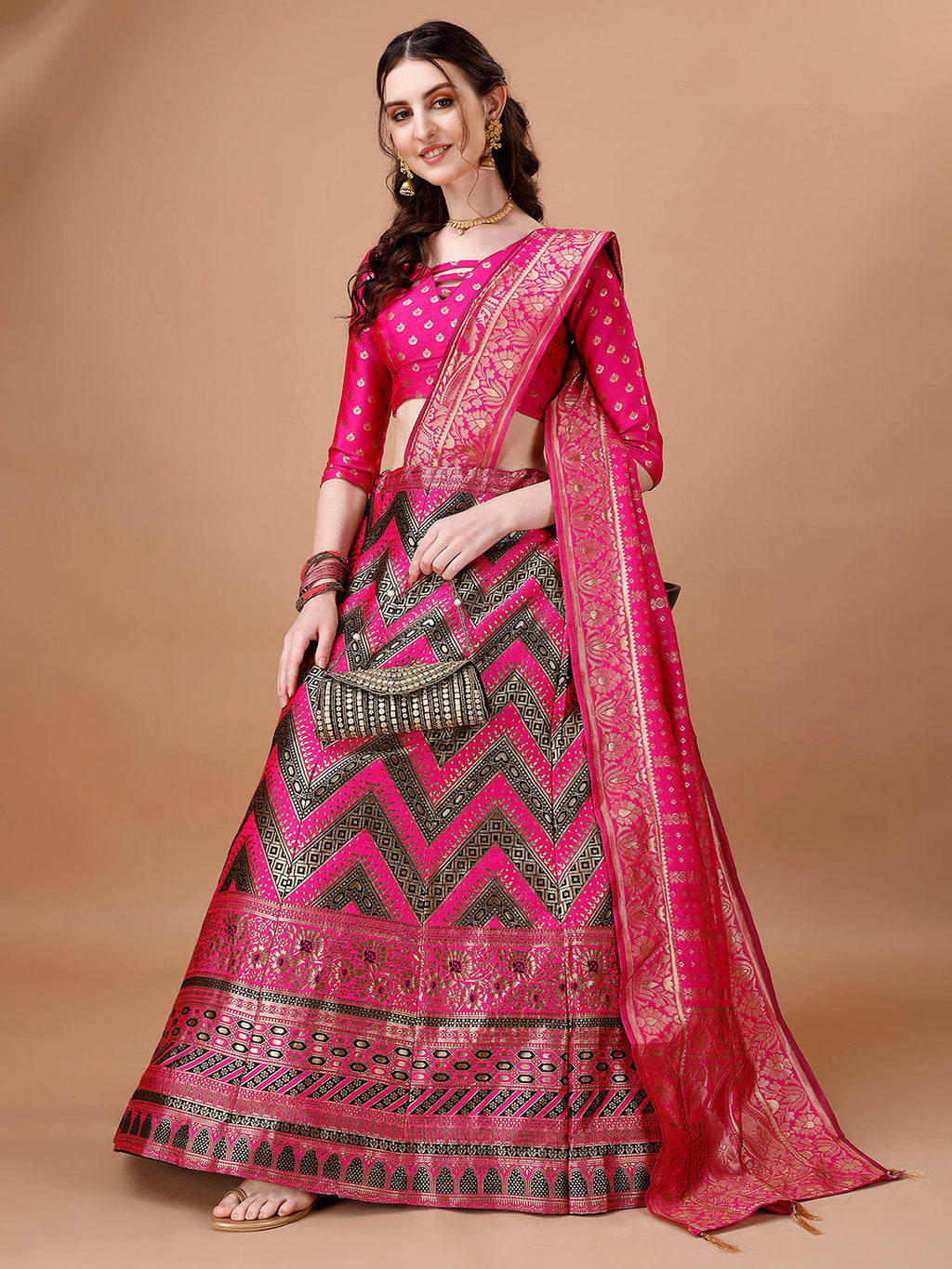 Lorenvalley Fashion Black & Pink Semi-Stitched Lehenga & Unstitched Blouse With Dupatta