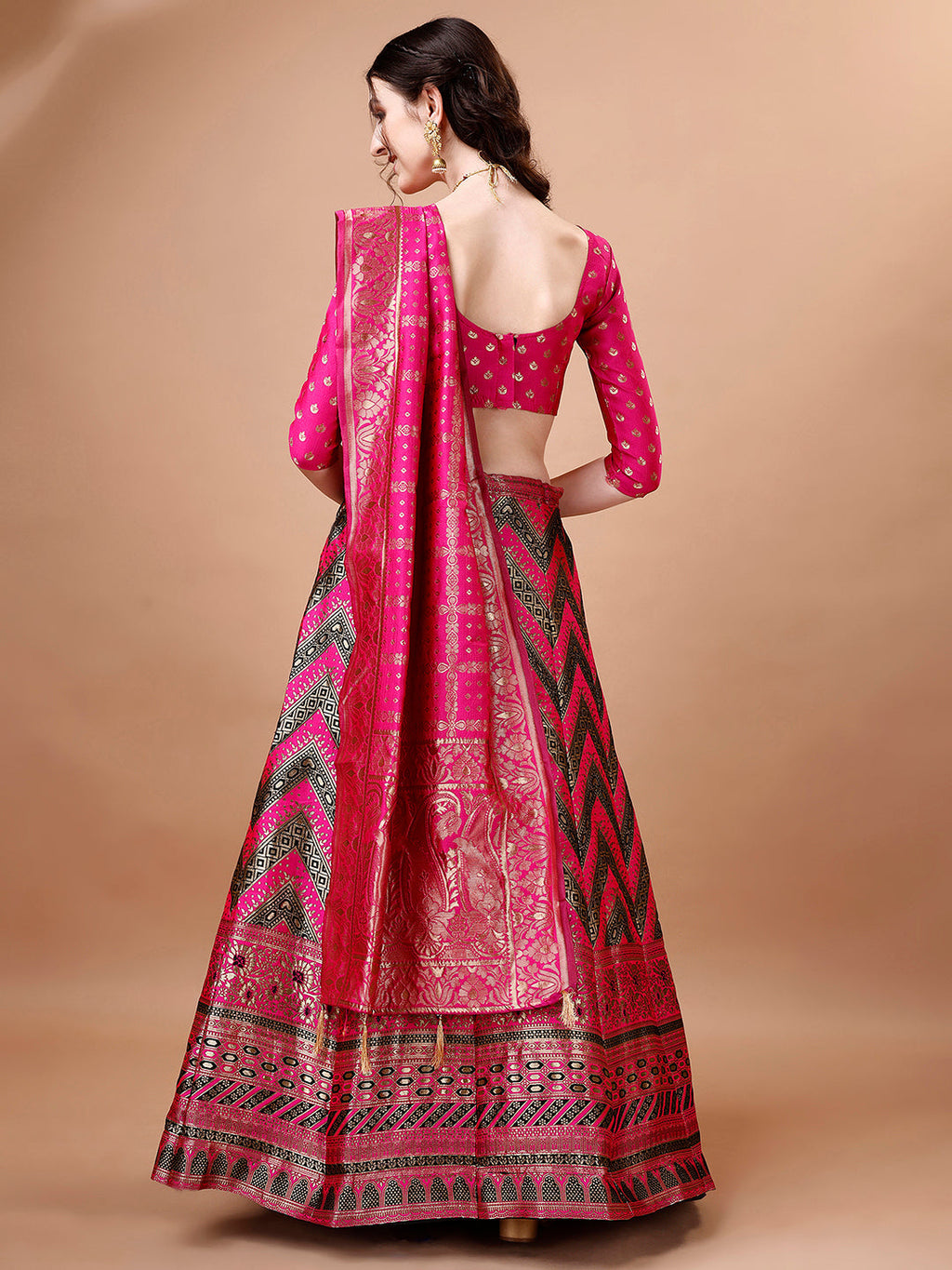 Lorenvalley Fashion Black & Pink Semi-Stitched Lehenga & Unstitched Blouse With Dupatta