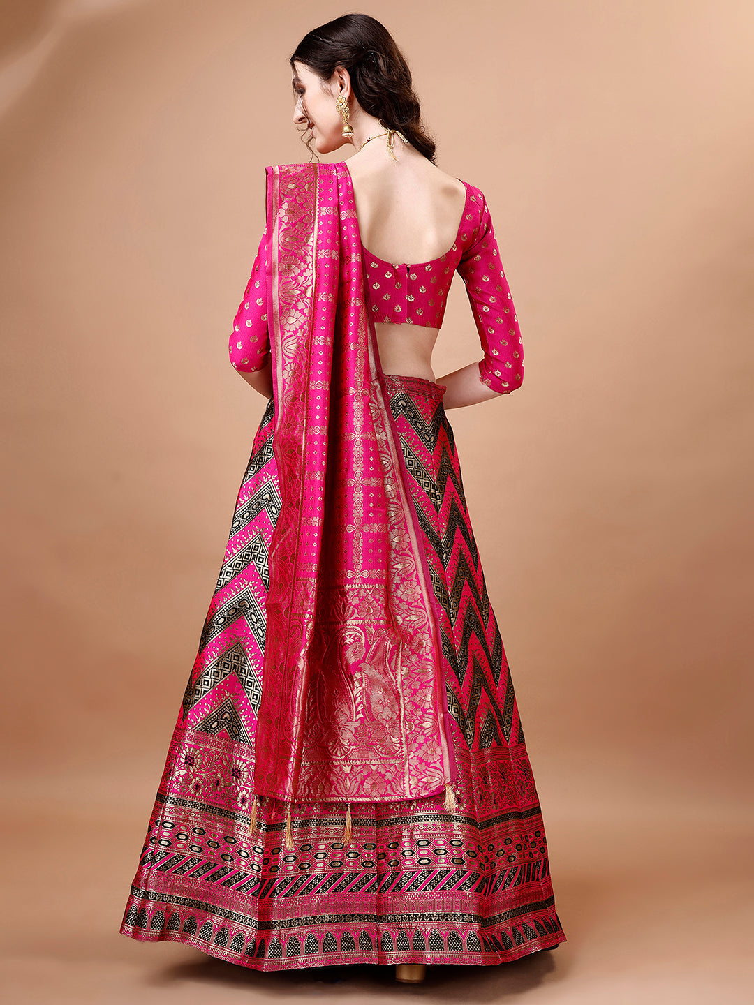 Lorenvalley Fashion Black & Pink Semi-Stitched Lehenga & Unstitched Blouse With Dupatta