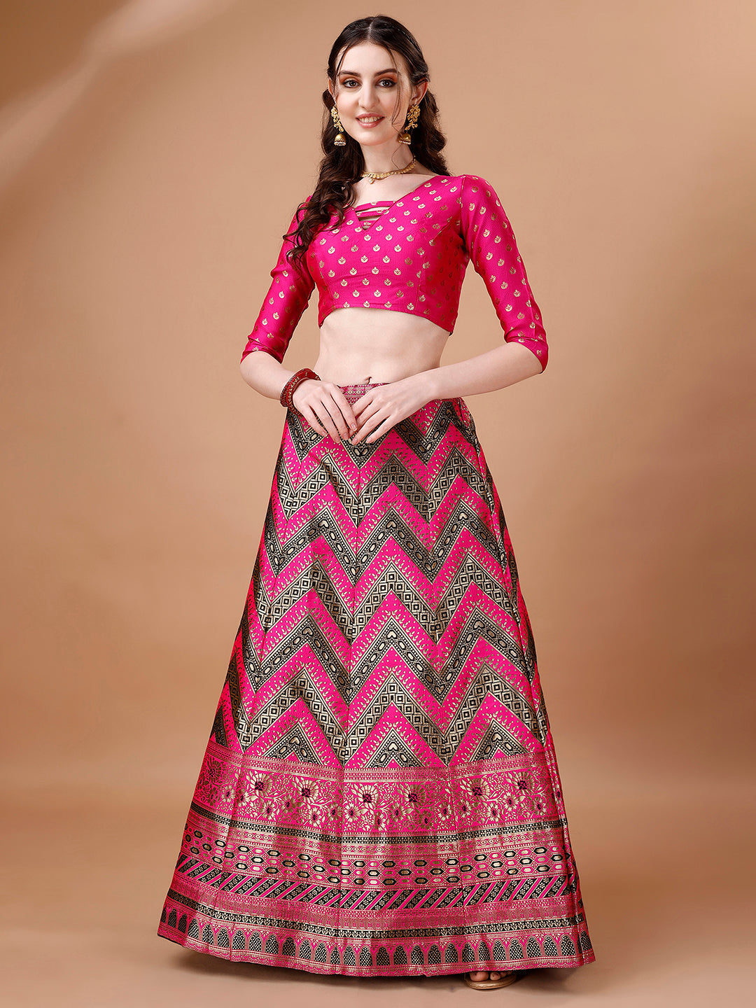 Lorenvalley Fashion Black & Pink Semi-Stitched Lehenga & Unstitched Blouse With Dupatta
