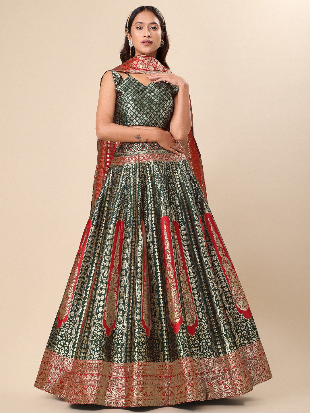 Lorenvalley Fashion Green Ready to Wear Lehenga & Unstitched Blouse With Dupatta