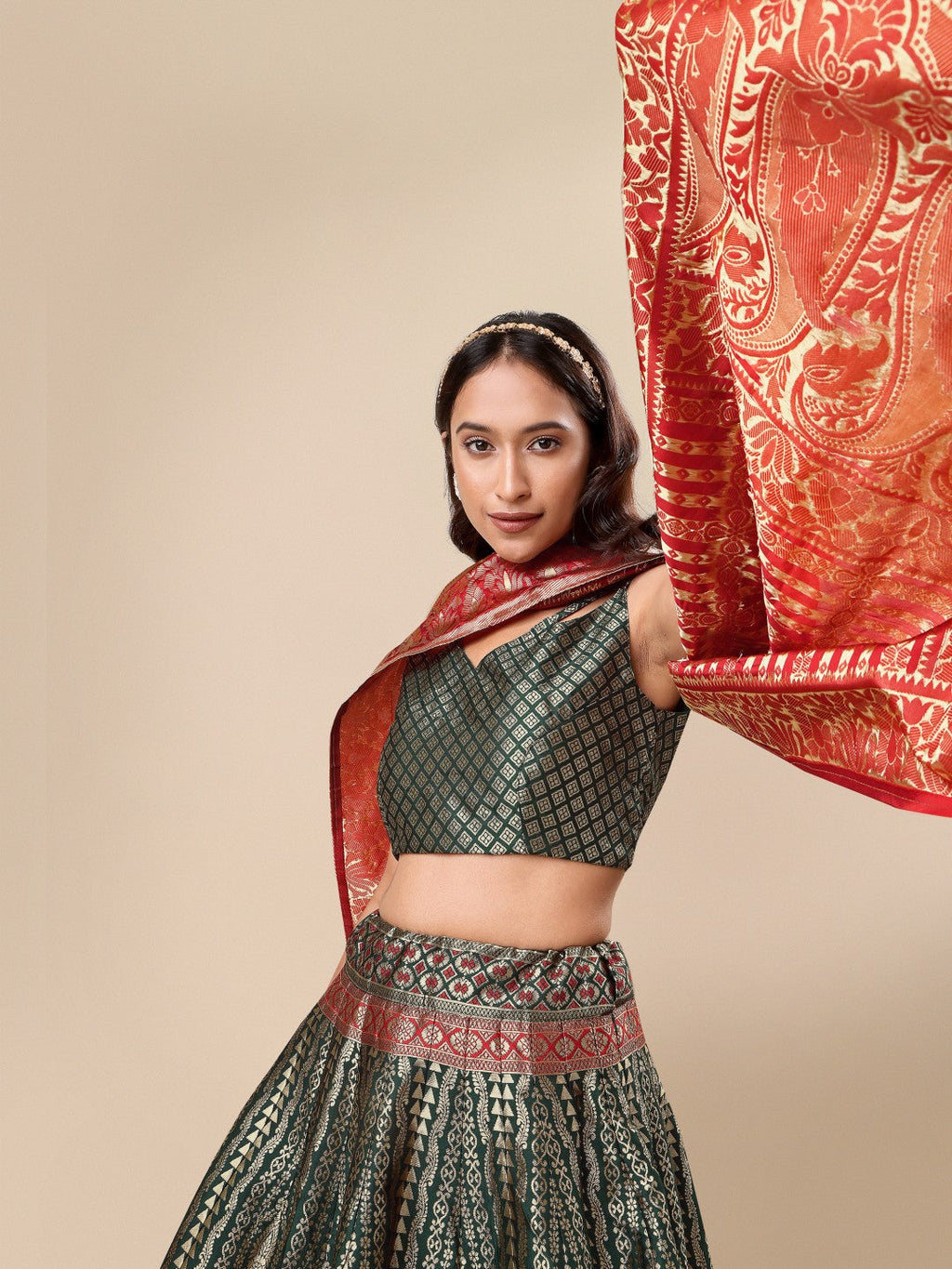 Lorenvalley Fashion Green Ready to Wear Lehenga & Unstitched Blouse With Dupatta
