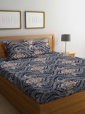 KLOTTHE Blue & Brown Ethnic Motif Printed 300 TC Fitted King Bedsheet With 2 Pillow Covers