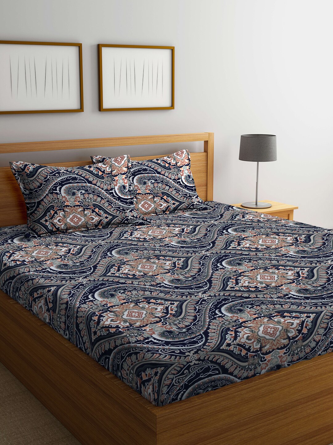 KLOTTHE Blue & Brown Ethnic Motif Printed 300 TC Fitted King Bedsheet With 2 Pillow Covers