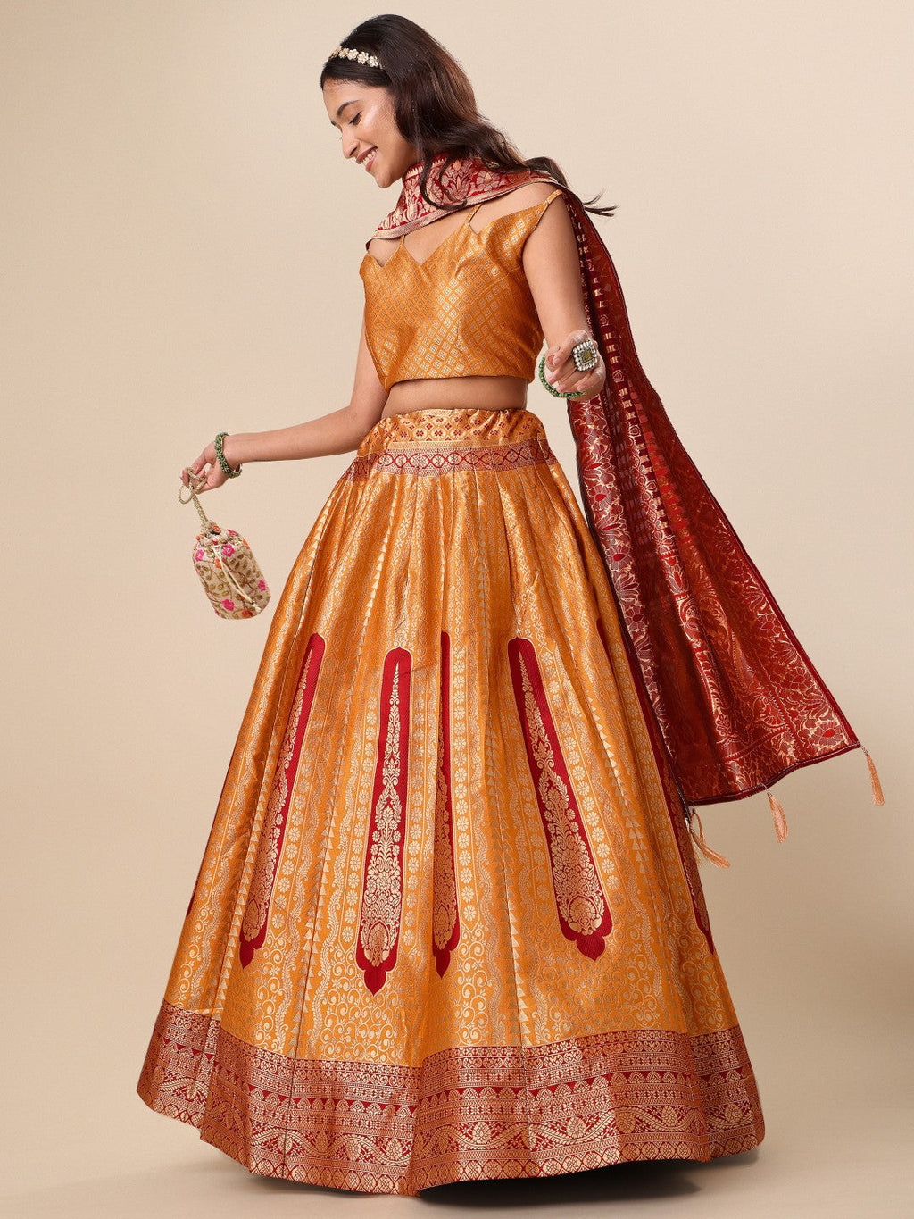 Lorenvalley Fashion Orange Ready to Wear Lehenga & Unstitched Blouse With Dupatta