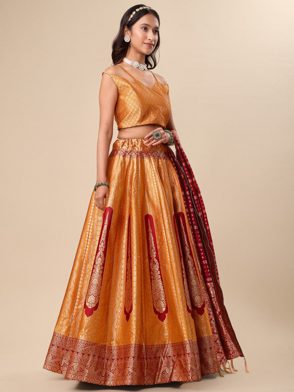 Lorenvalley Fashion Orange Ready to Wear Lehenga & Unstitched Blouse With Dupatta