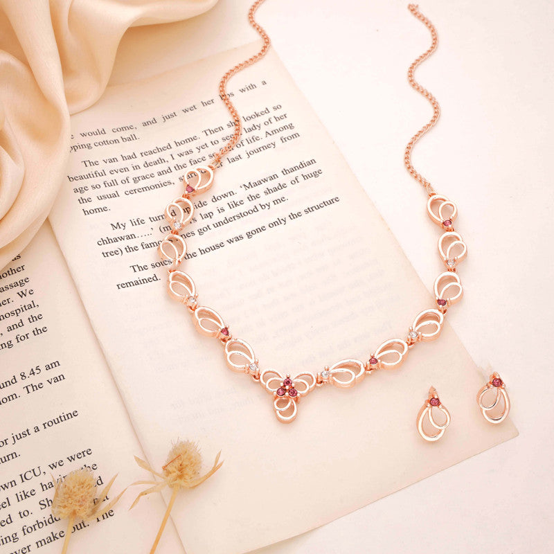 Tehzeeb Creationss Gold-Polished Choker Pink Stone Necklace With Stud Earrings
