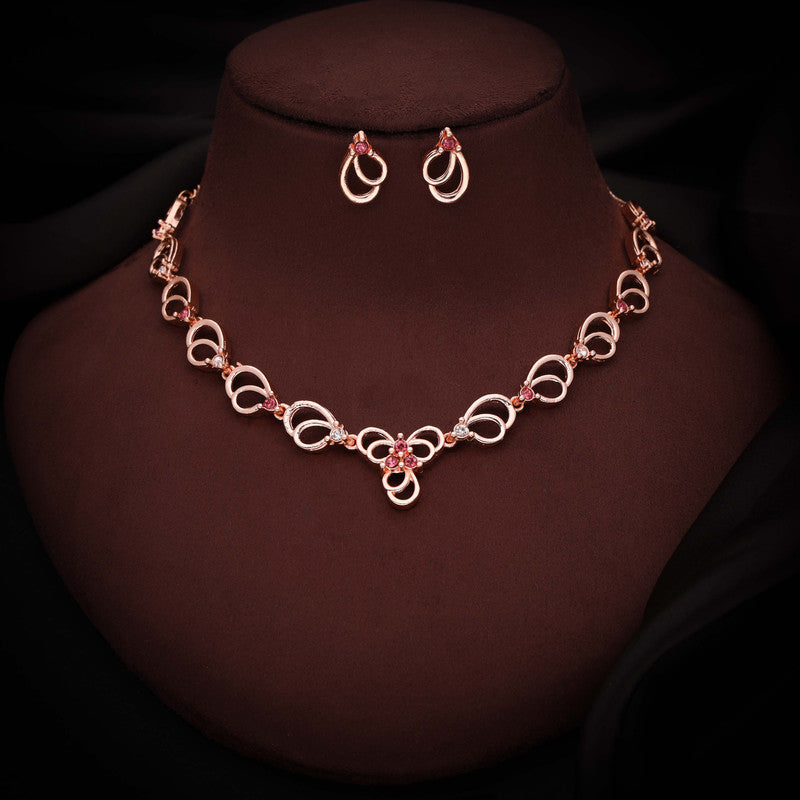 Tehzeeb Creationss Gold-Polished Choker Pink Stone Necklace With Stud Earrings