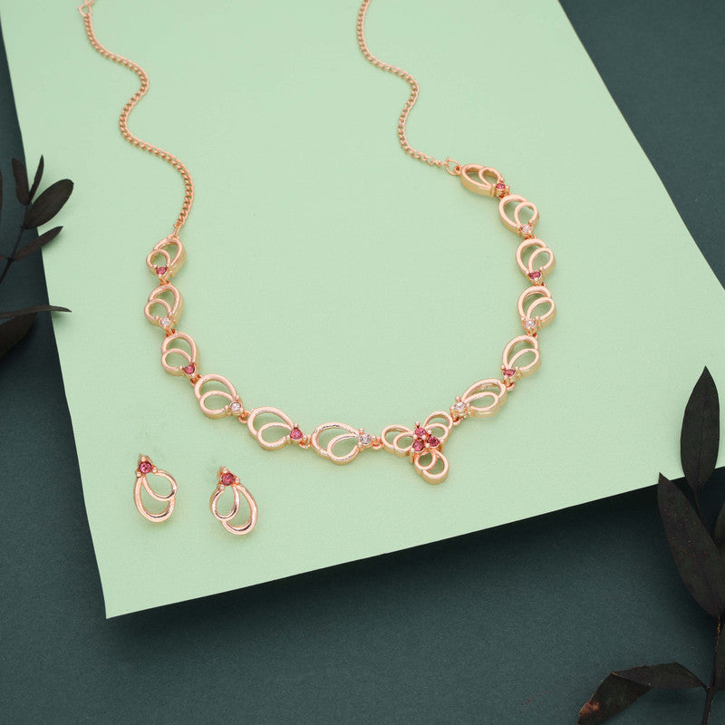 Tehzeeb Creationss Gold-Polished Choker Pink Stone Necklace With Stud Earrings