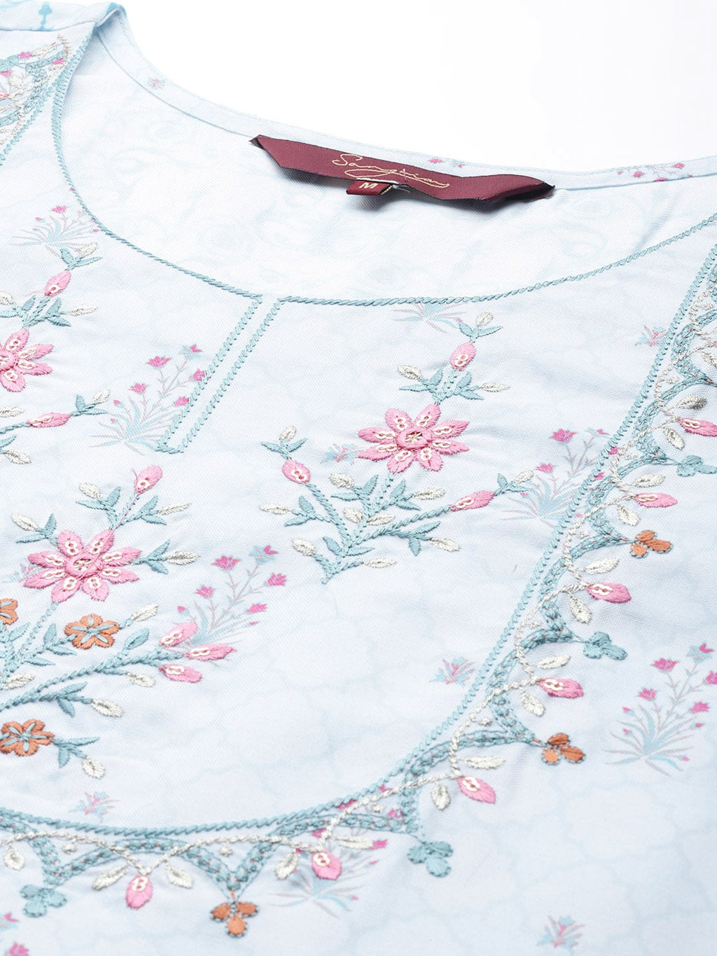 Sangria Women Turquoise Blue Floral Embroidered Kurta