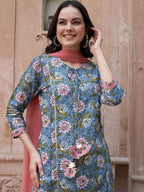 Sangria Blue Floral Printed Gotta Patti Pure Cotton Kurta with Trousers & Dupatta