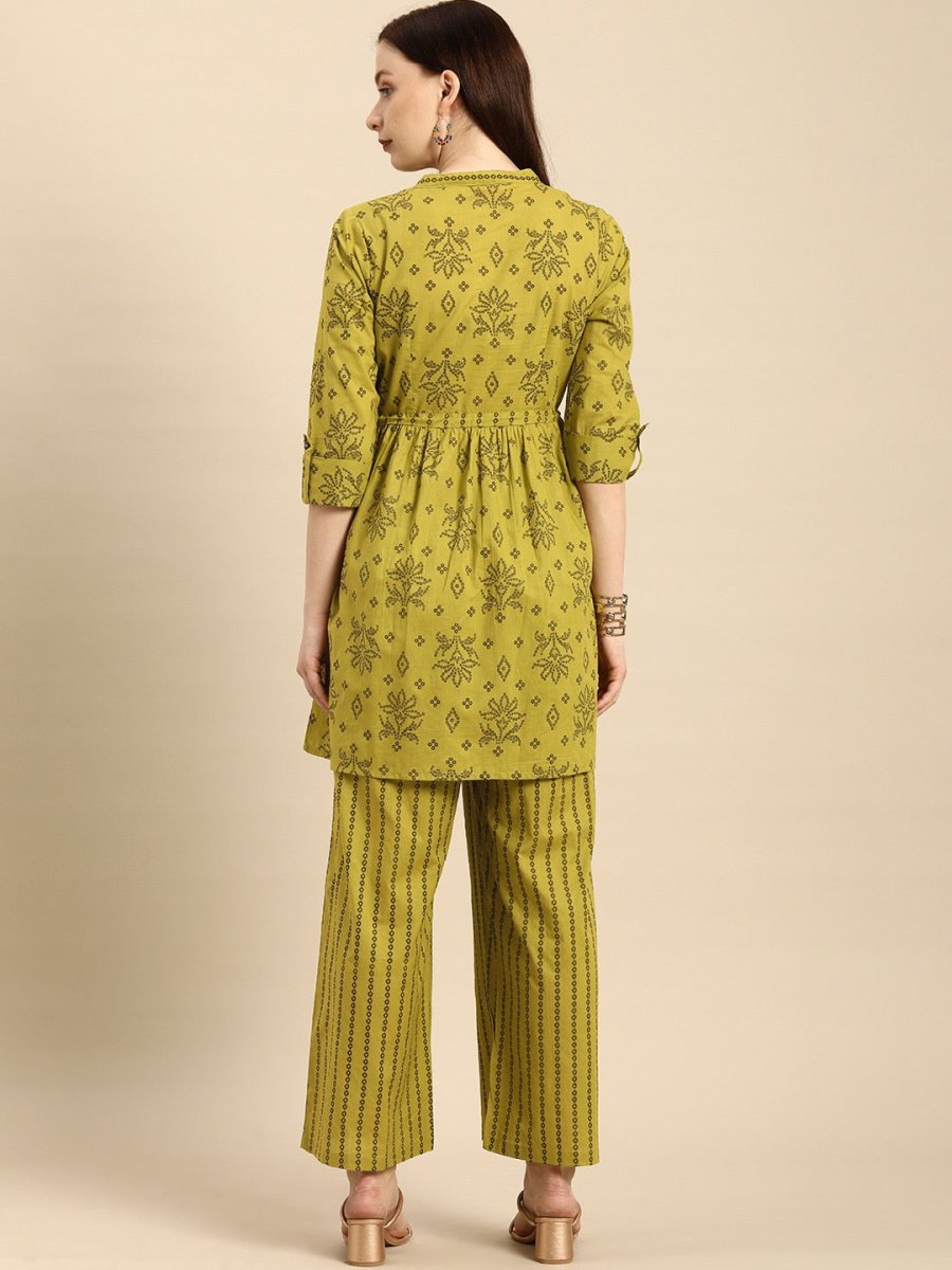 All About You Women Green Printed Pure Cotton Kurti with Palazzos