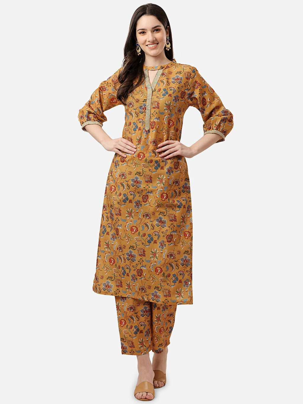 HERE&NOW Women Mustard Yellow Floral Printed Kurti with Trousers