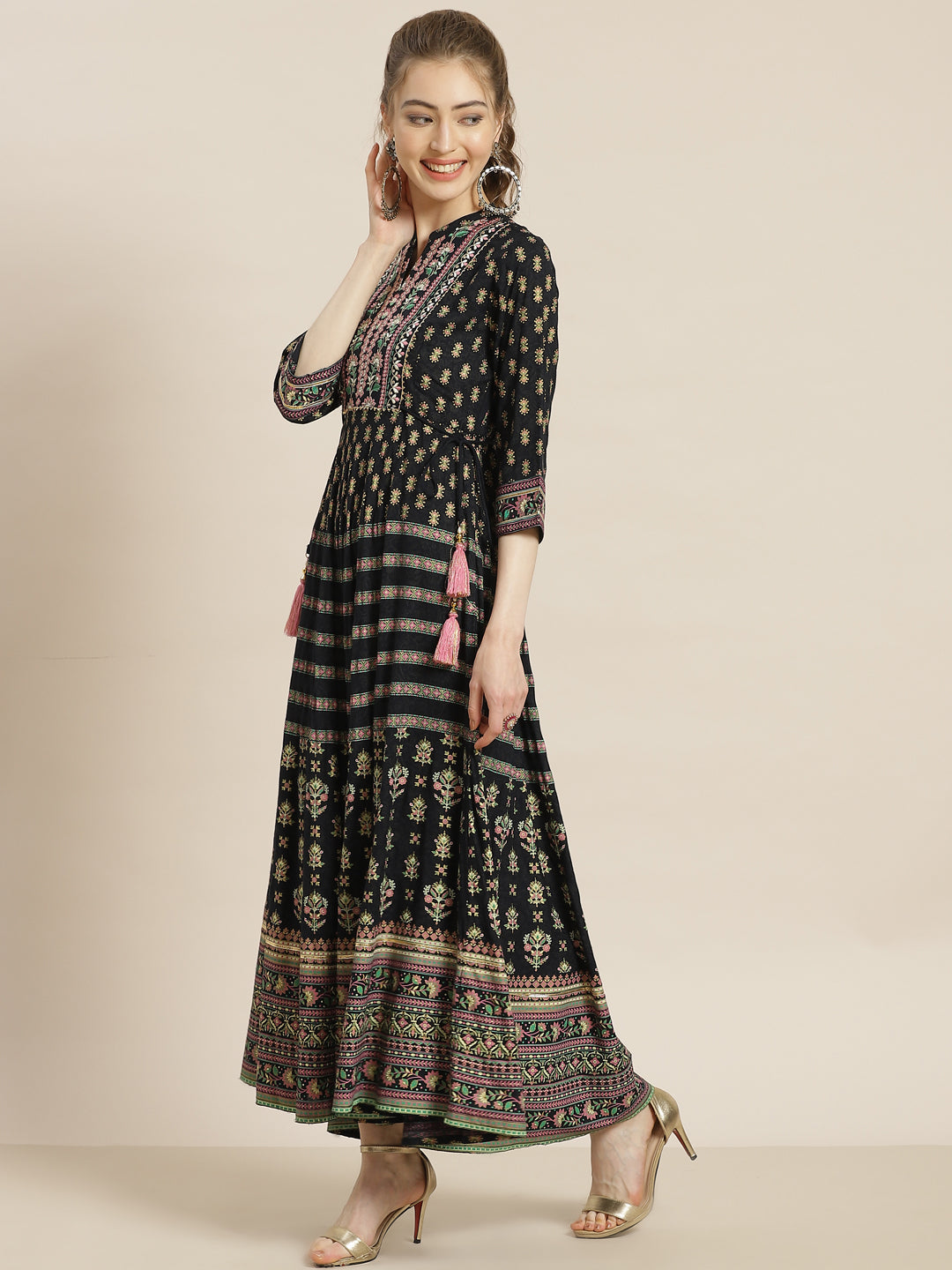 Juniper Womens Dark Blue Foil Printed Circular Maxi Dress With Yoke Embroidery - Distacart