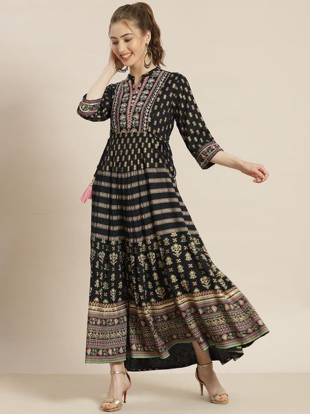 Juniper Womens Dark Blue Foil Printed Circular Maxi Dress With Yoke Embroidery