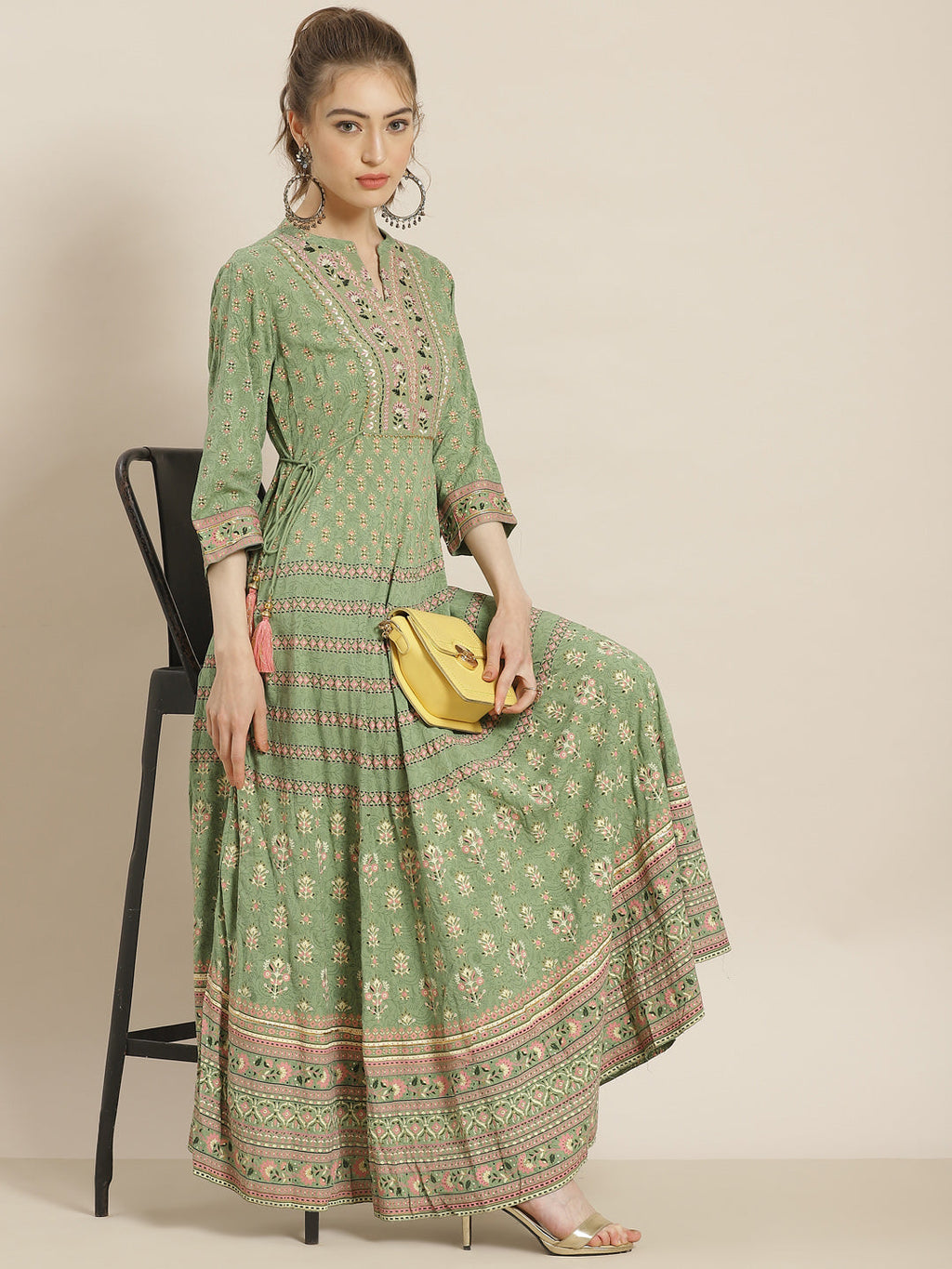 Juniper Womens Pistagreen Foil Printed Circular Maxi Dress With Yoke Embroidery - Distacart