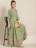 Juniper Womens Pistagreen Foil Printed Circular Maxi Dress With Yoke Embroidery - Distacart