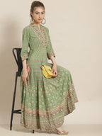 Juniper Womens Pistagreen Foil Printed Circular Maxi Dress With Yoke Embroidery - Distacart