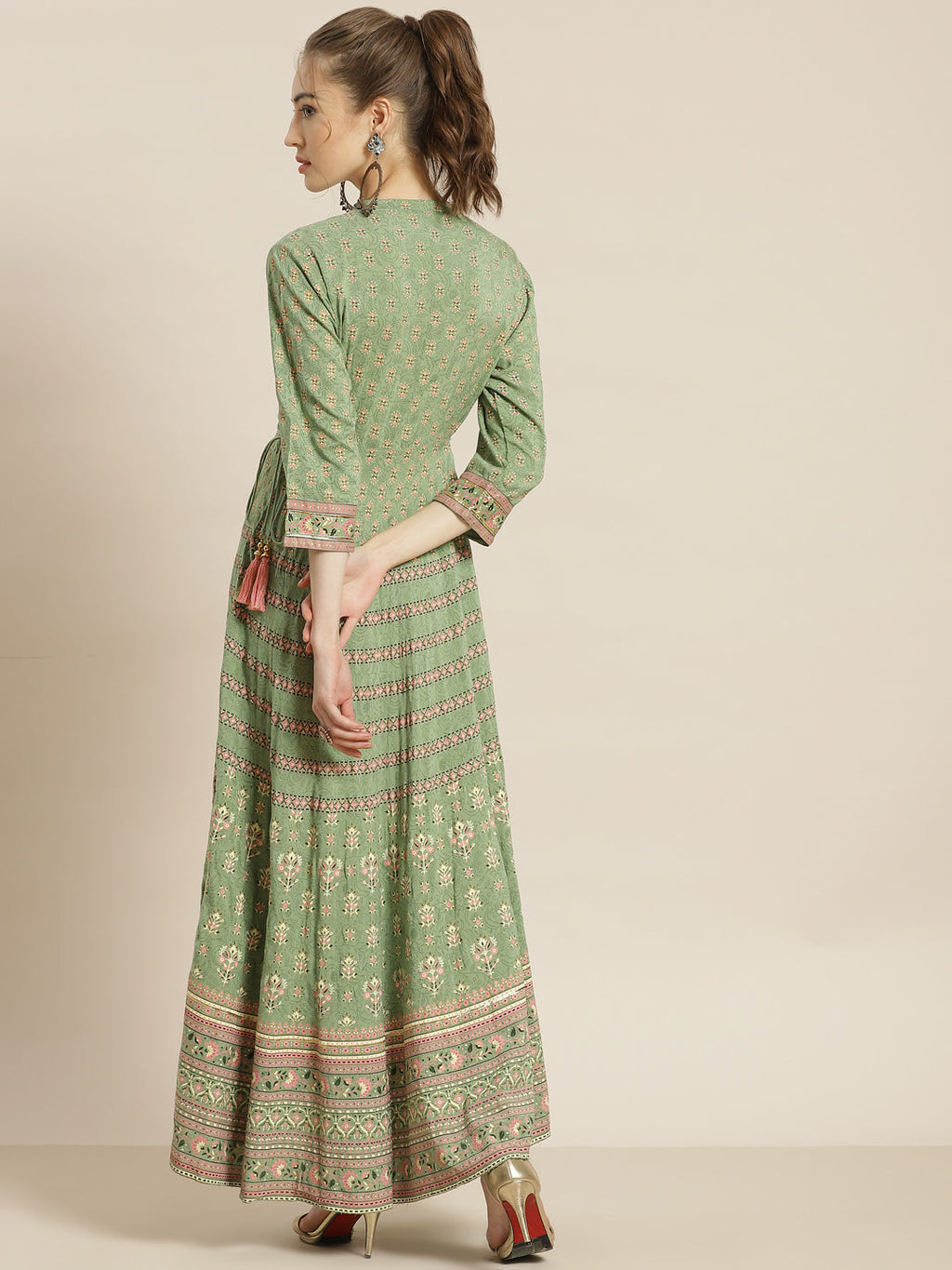 Juniper Womens Pistagreen Foil Printed Circular Maxi Dress With Yoke Embroidery - Distacart