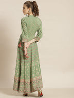 Juniper Womens Pistagreen Foil Printed Circular Maxi Dress With Yoke Embroidery - Distacart