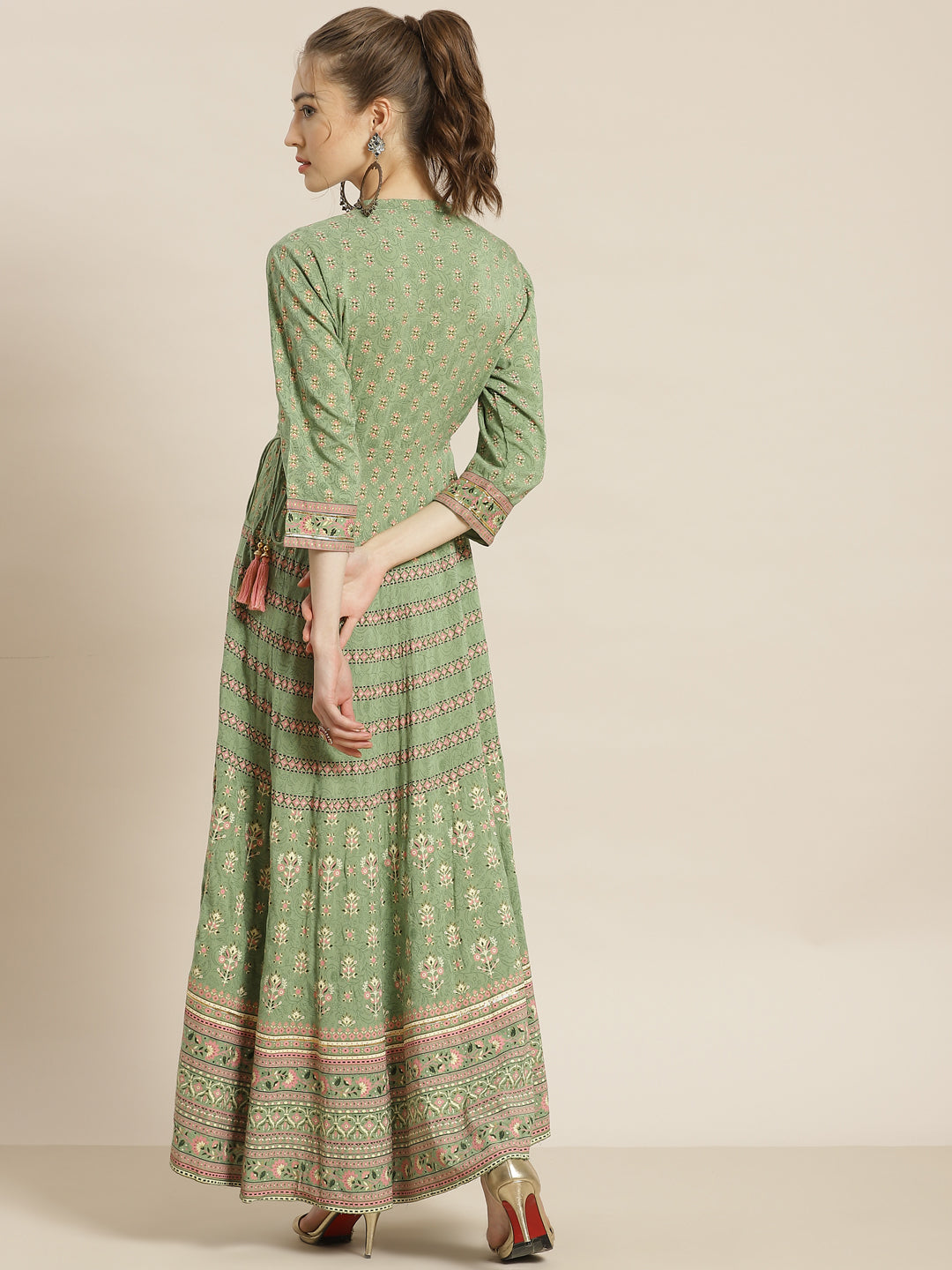 Juniper Womens Pistagreen Foil Printed Circular Maxi Dress With Yoke Embroidery - Distacart