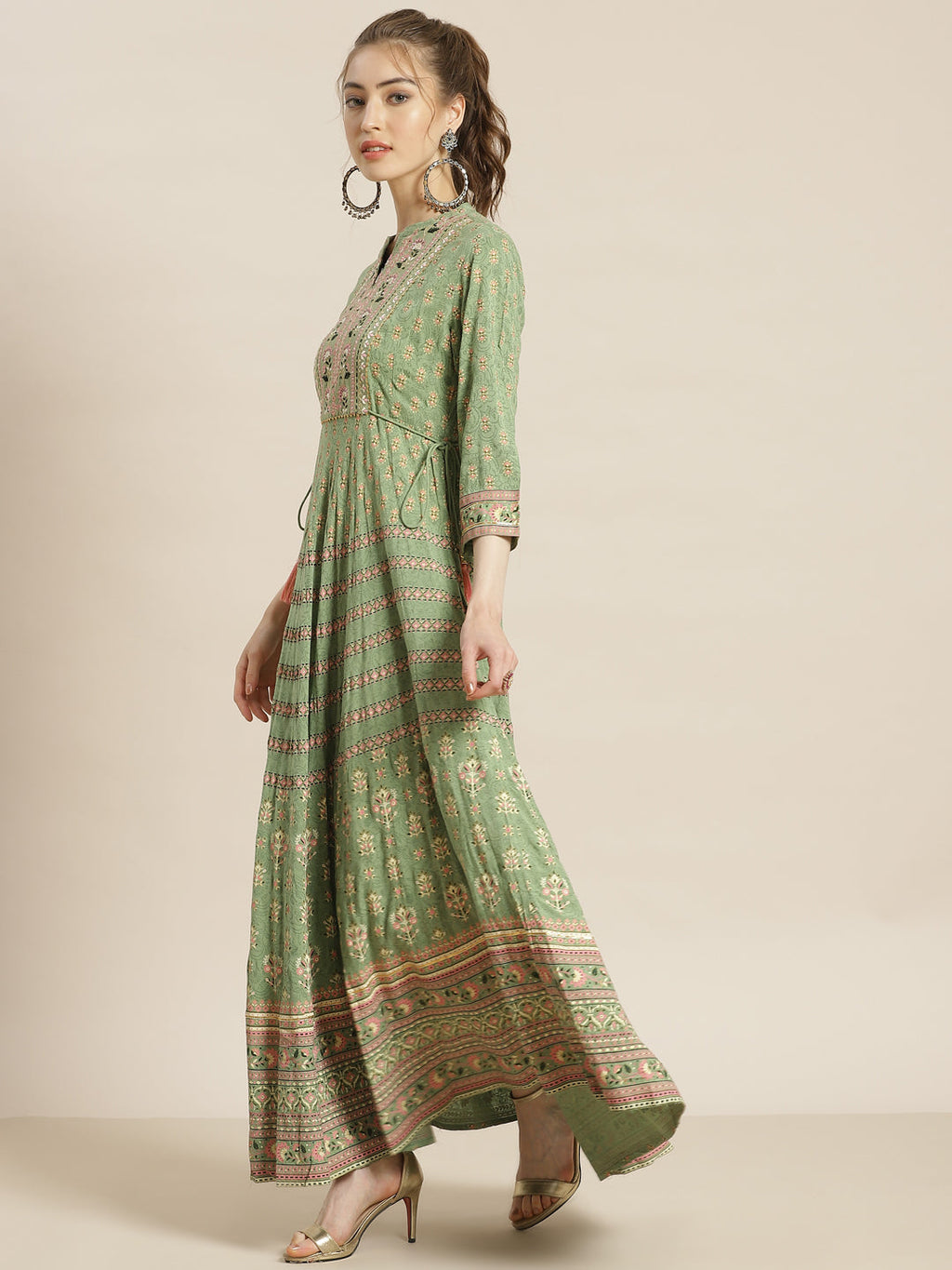 Juniper Womens Pistagreen Foil Printed Circular Maxi Dress With Yoke Embroidery - Distacart