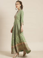 Juniper Womens Pistagreen Foil Printed Circular Maxi Dress With Yoke Embroidery - Distacart