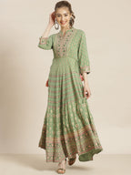 Juniper Womens Pistagreen Foil Printed Circular Maxi Dress With Yoke Embroidery - Distacart