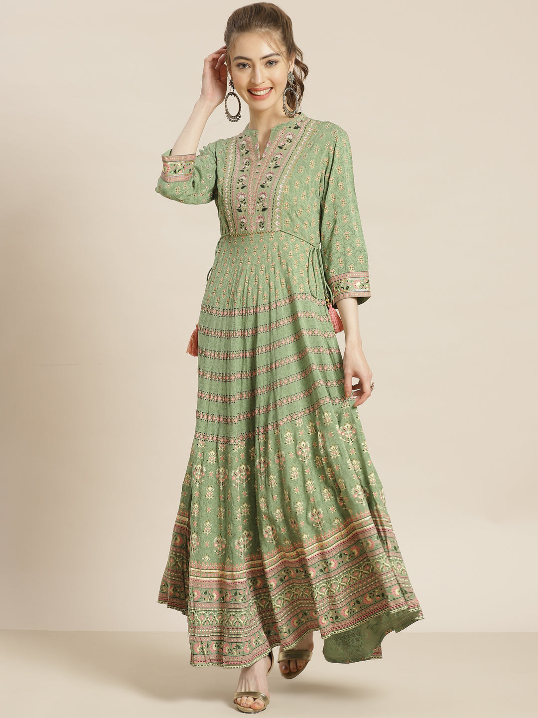 Juniper Womens Pistagreen Foil Printed Circular Maxi Dress With Yoke Embroidery - Distacart
