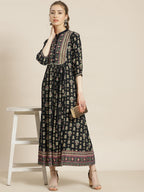 Juniper Womens Dark Blue Rayon Foil Printed Maxi Dress With Puff Sleeves And Button Closure - Distacart