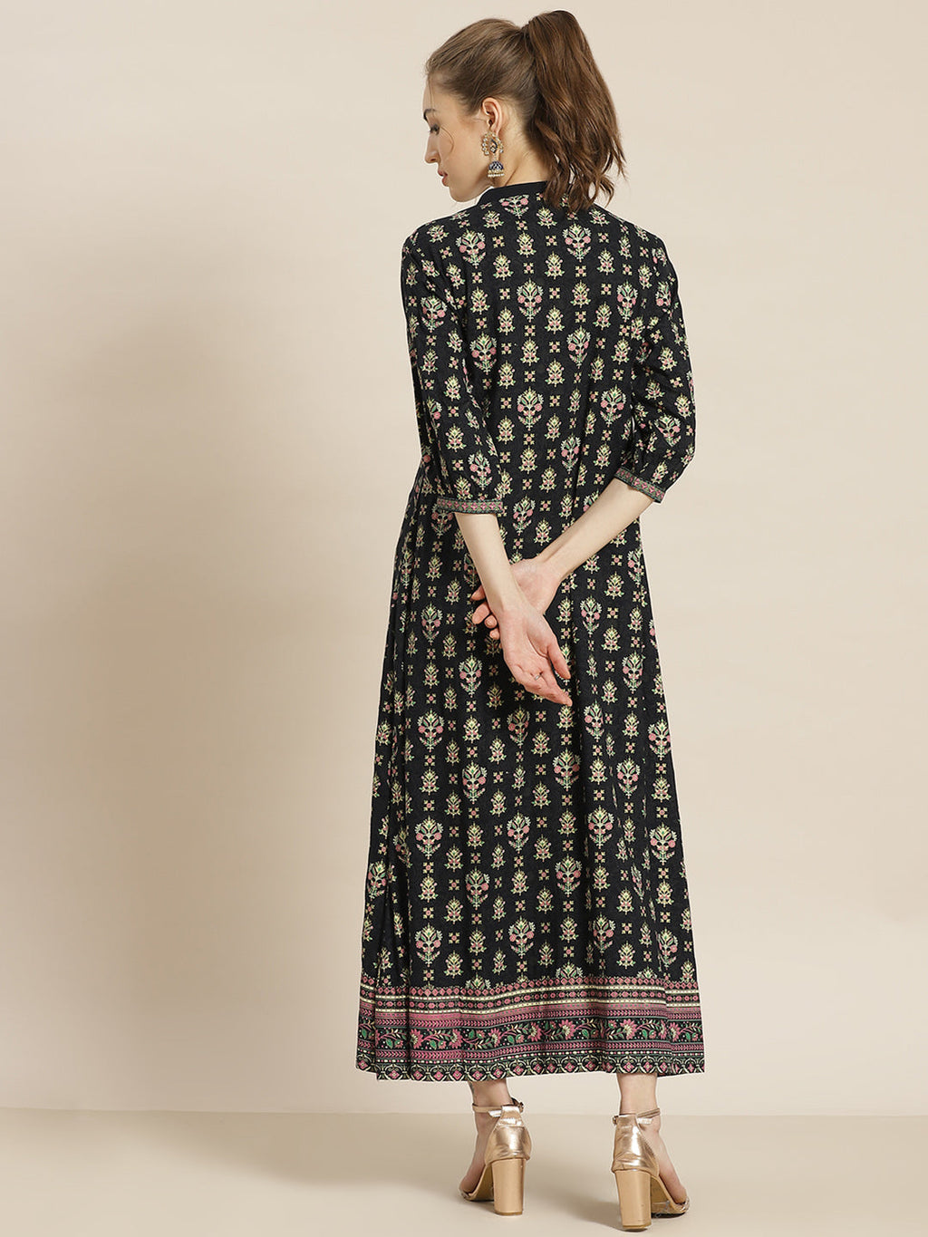 Juniper Womens Dark Blue Rayon Foil Printed Maxi Dress With Puff Sleeves And Button Closure - Distacart