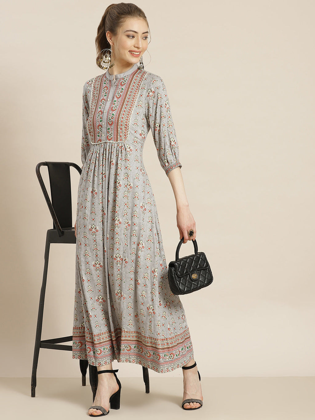 Juniper Womens Grey Rayon Foil Printed Maxi Dress With Puff Sleeves And Button Closure - Distacart