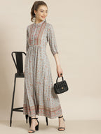 Juniper Womens Grey Rayon Foil Printed Maxi Dress With Puff Sleeves And Button Closure - Distacart