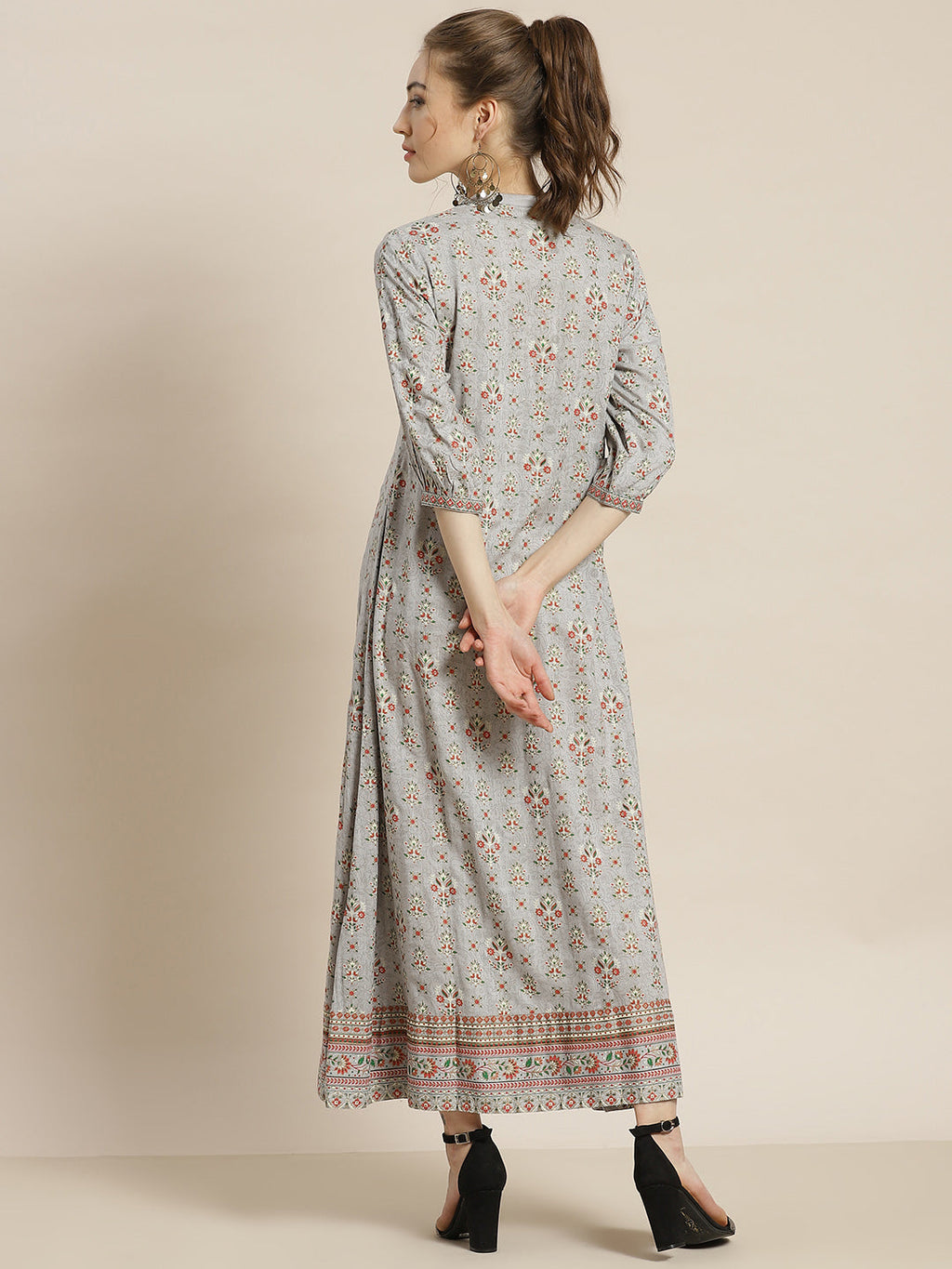 Juniper Womens Grey Rayon Foil Printed Maxi Dress With Puff Sleeves And Button Closure - Distacart