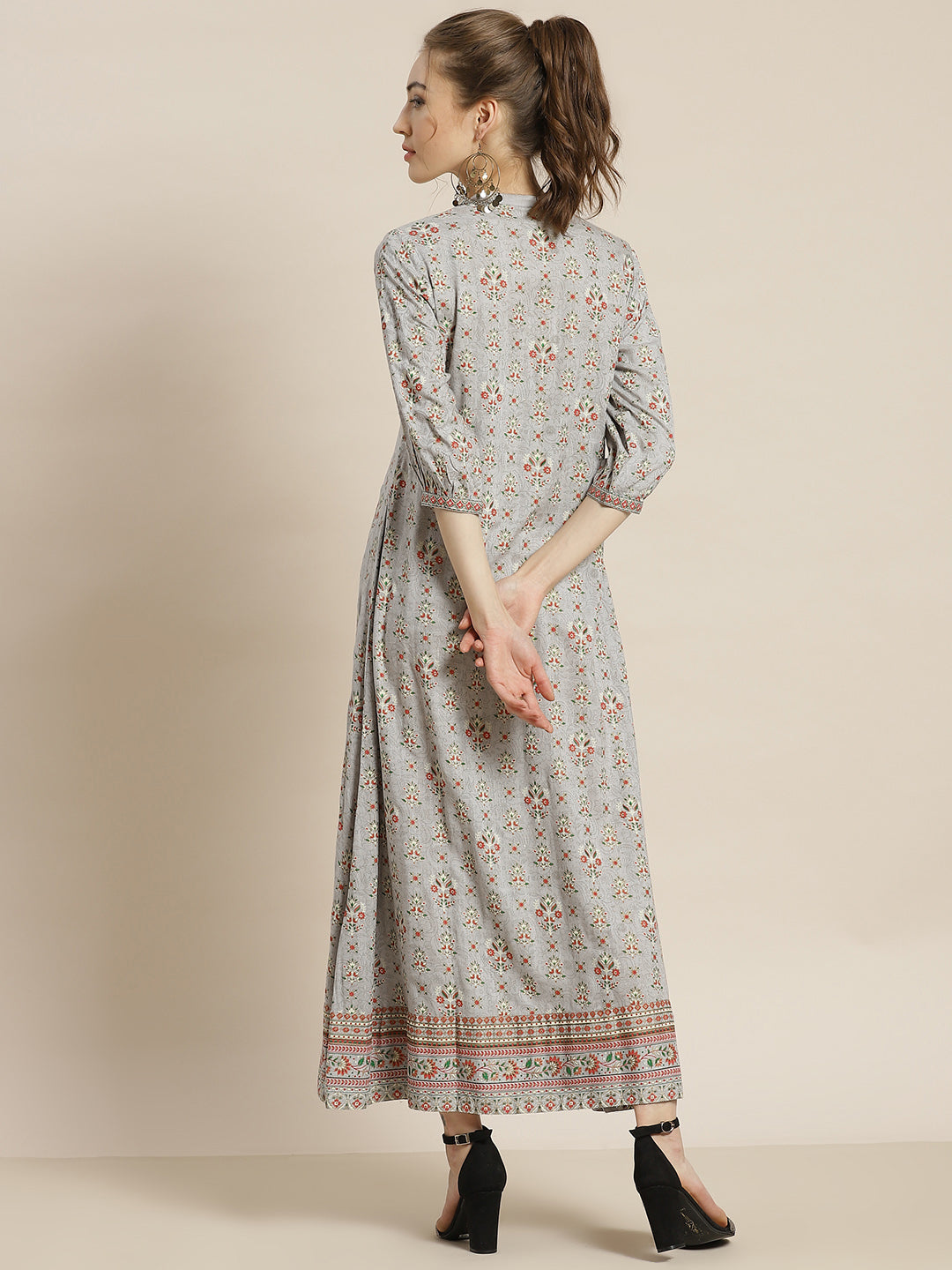 Juniper Womens Grey Rayon Foil Printed Maxi Dress With Puff Sleeves And Button Closure - Distacart