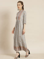 Juniper Womens Grey Rayon Foil Printed Maxi Dress With Puff Sleeves And Button Closure - Distacart