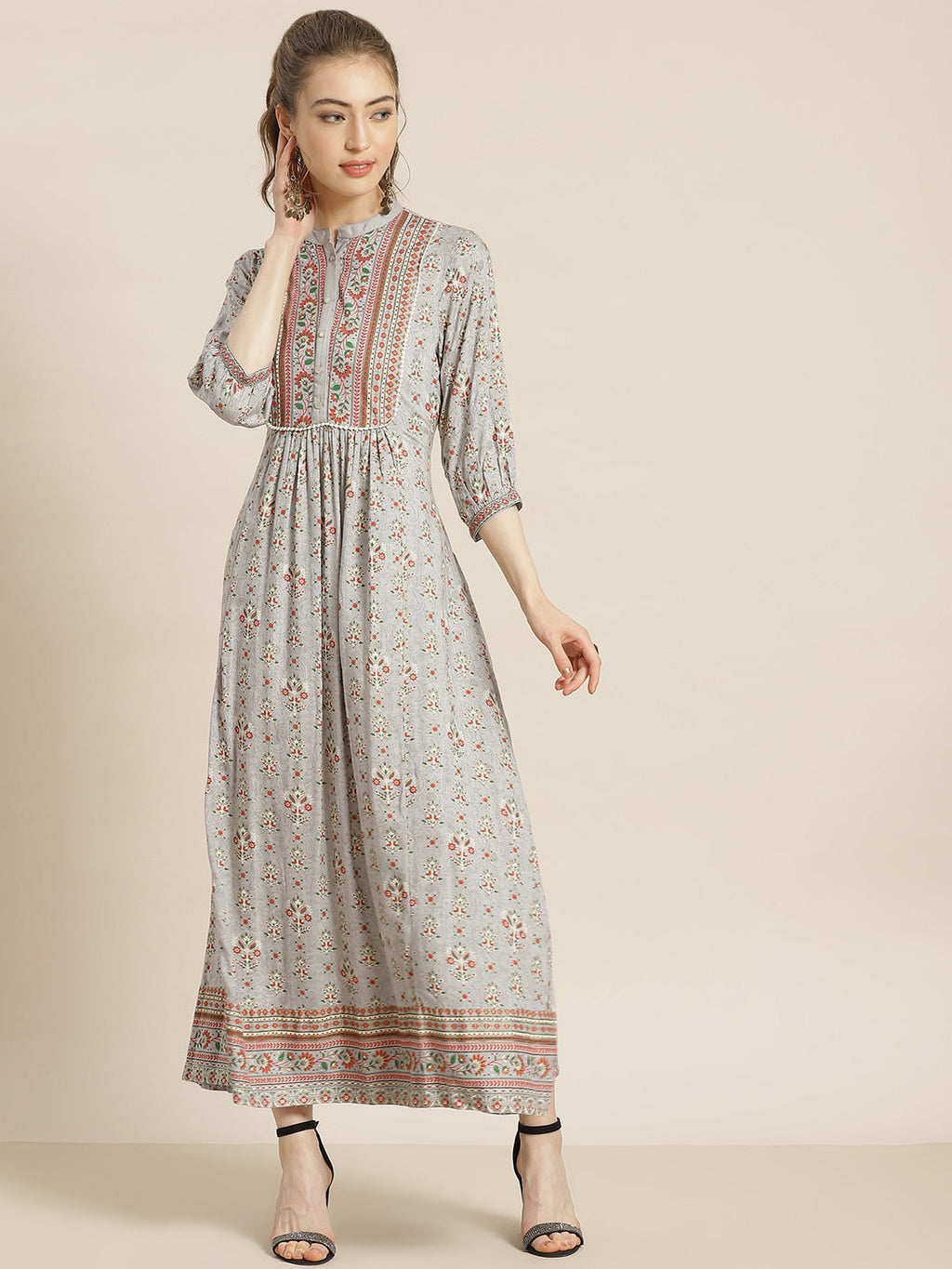 Juniper Womens Grey Rayon Foil Printed Maxi Dress With Puff Sleeves And Button Closure - Distacart