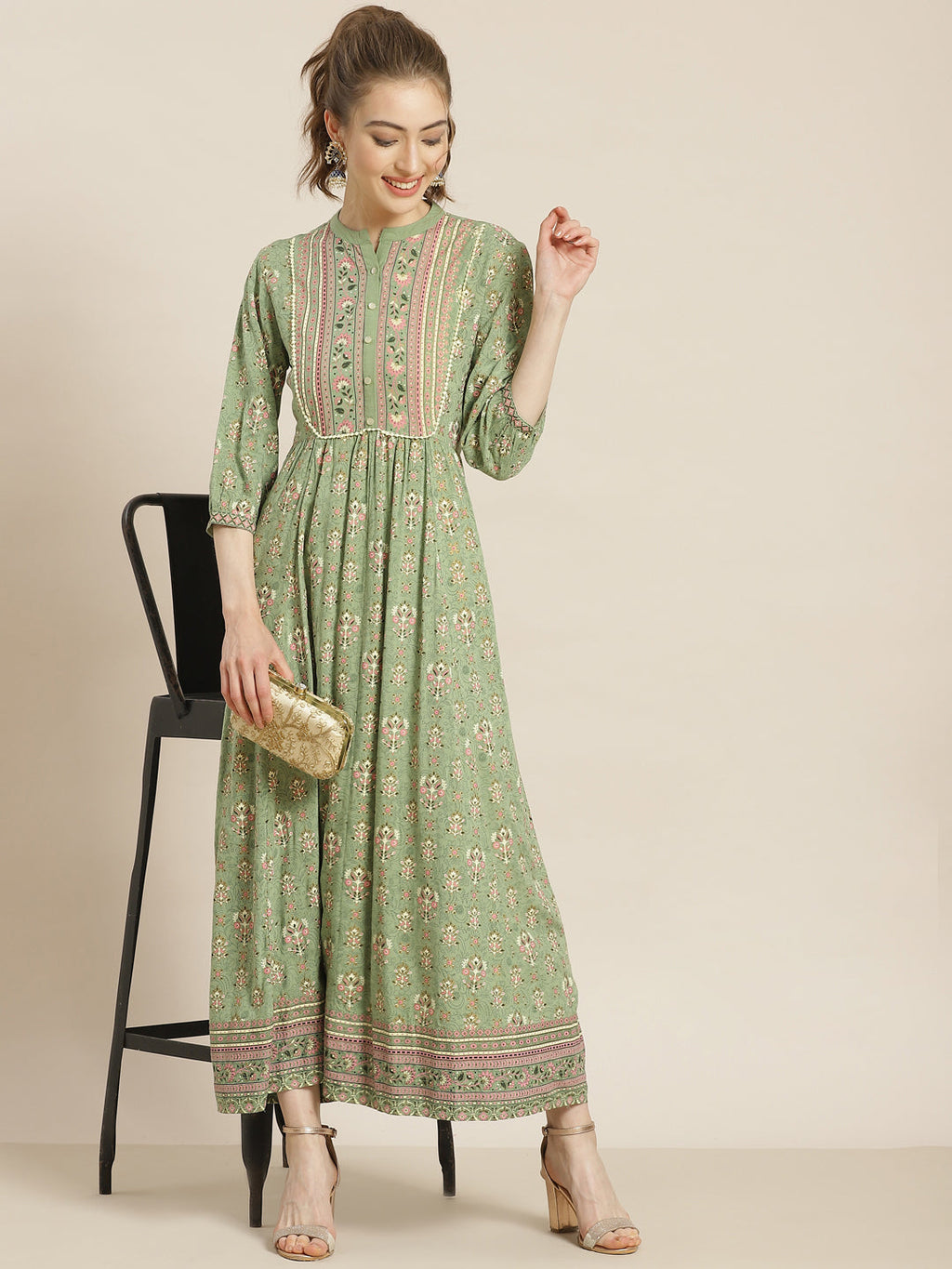 Juniper Womens Pistagreen Rayon Foil Printed Maxi Dress With Puff Sleeves And Button Closure - Distacart