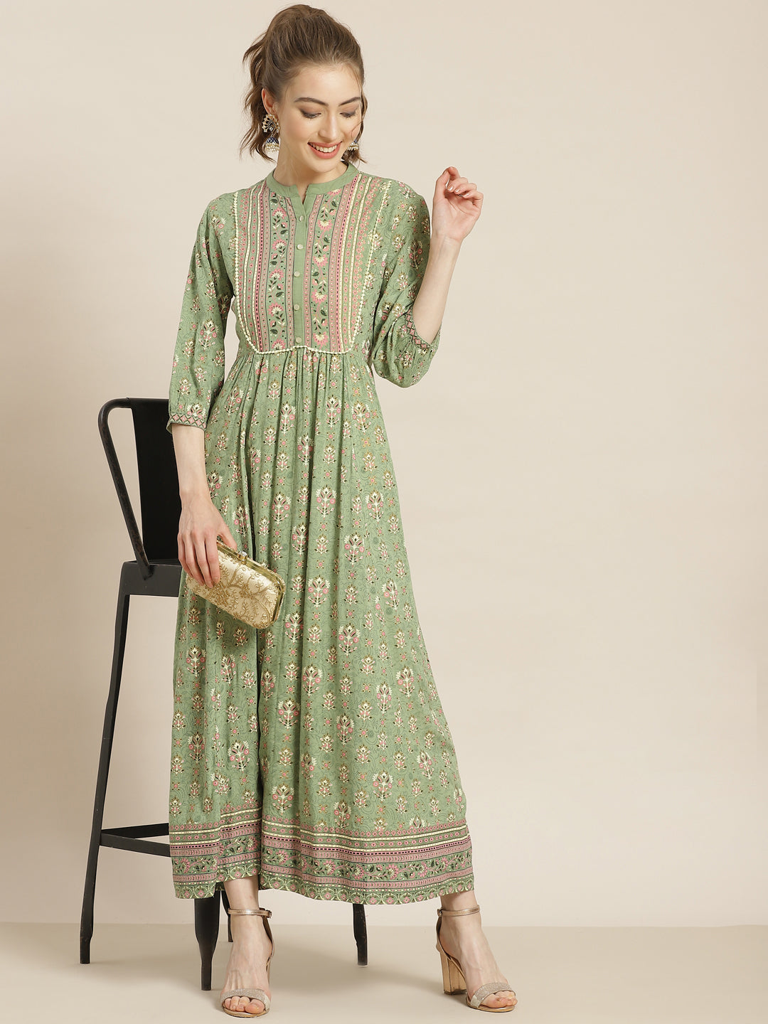 Juniper Womens Pistagreen Rayon Foil Printed Maxi Dress With Puff Sleeves And Button Closure - Distacart